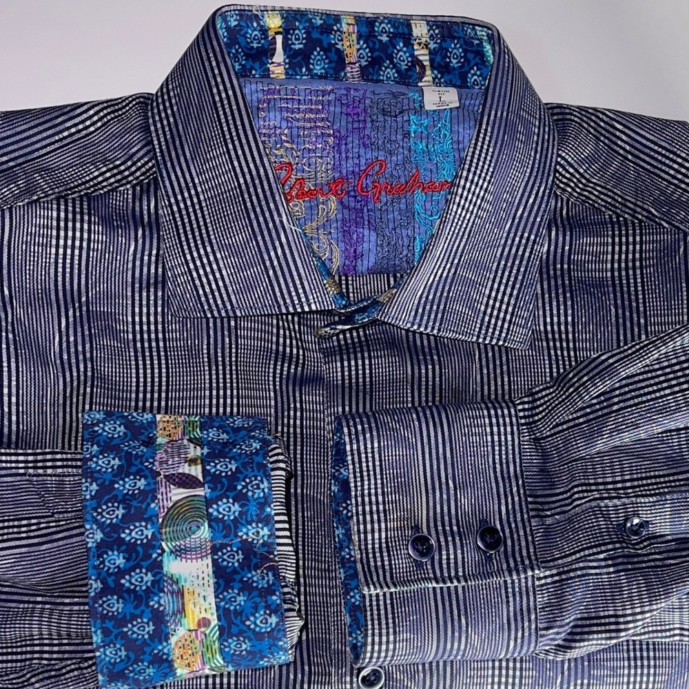 Robert Graham Mens Classic Fit Navy White Micro Check Button Down Shirt Large